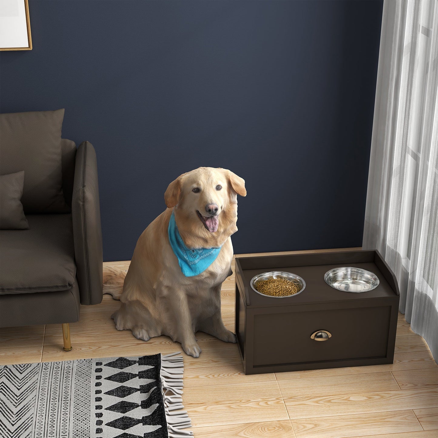 Large Elevated Dog Bowls with Storage Drawer, Raised Pet Feeding Station with 2 Stainless Steel Bowls, Brown Dog Bowls   at Gallery Canada