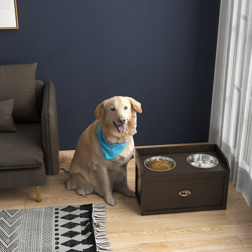 Large Elevated Dog Bowls with Storage Drawer, Raised Pet Feeding Station with 2 Stainless Steel Bowls, Brown