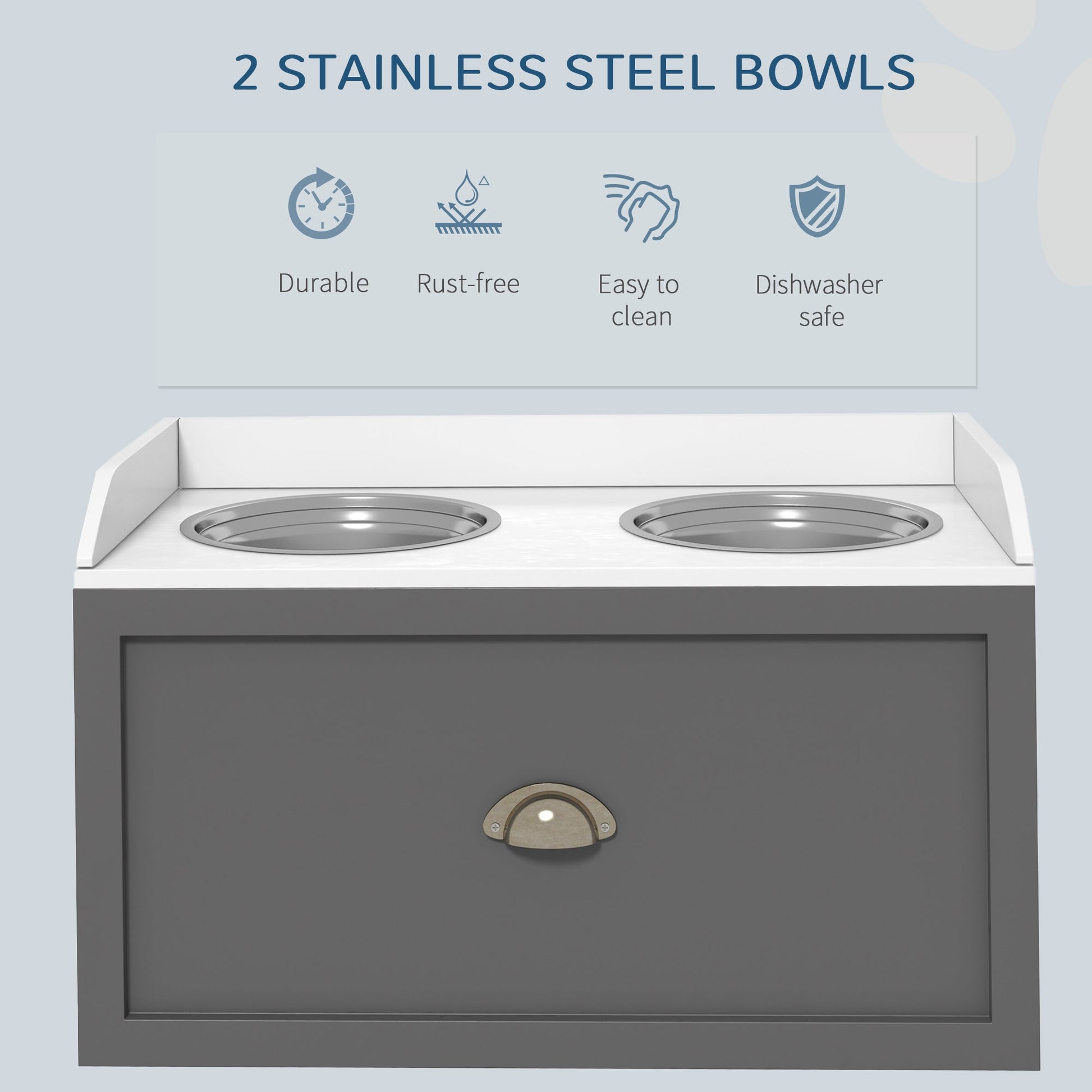 Large Elevated Dog Bowls with Storage Drawer, Raised Pet Feeding Station with 2 Stainless Steel Bowls, Grey Dog Bowls   at Gallery Canada