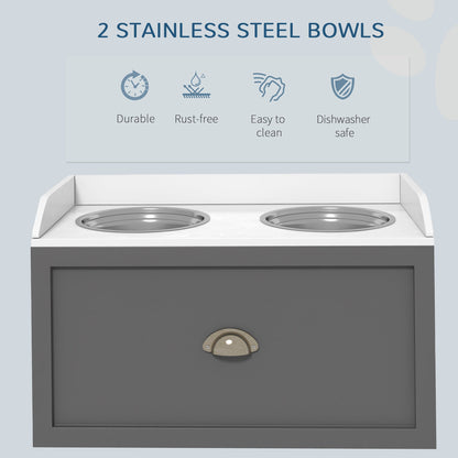 Large Elevated Dog Bowls with Storage Drawer, Raised Pet Feeding Station with 2 Stainless Steel Bowls, Grey Dog Bowls   at Gallery Canada