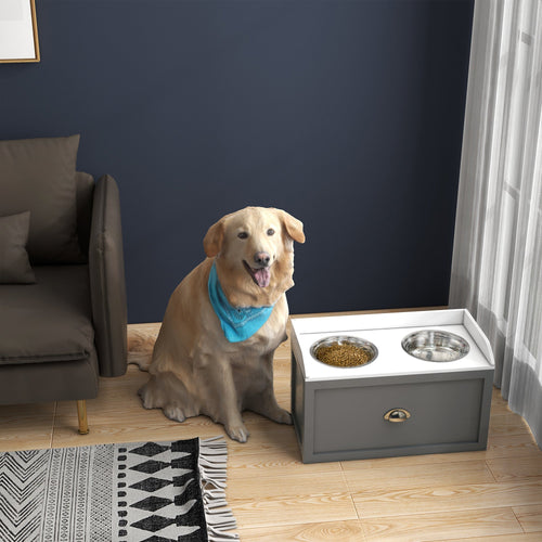 Large Elevated Dog Bowls with Storage Drawer, Raised Pet Feeding Station with 2 Stainless Steel Bowls, Grey