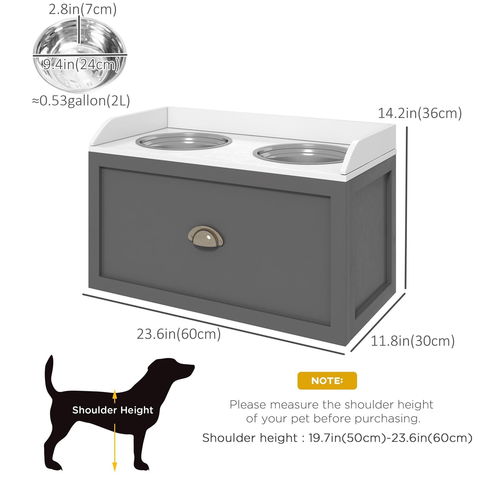 Large Elevated Dog Bowls with Storage Drawer, Raised Pet Feeding Station with 2 Stainless Steel Bowls, Grey Dog Bowls   at Gallery Canada