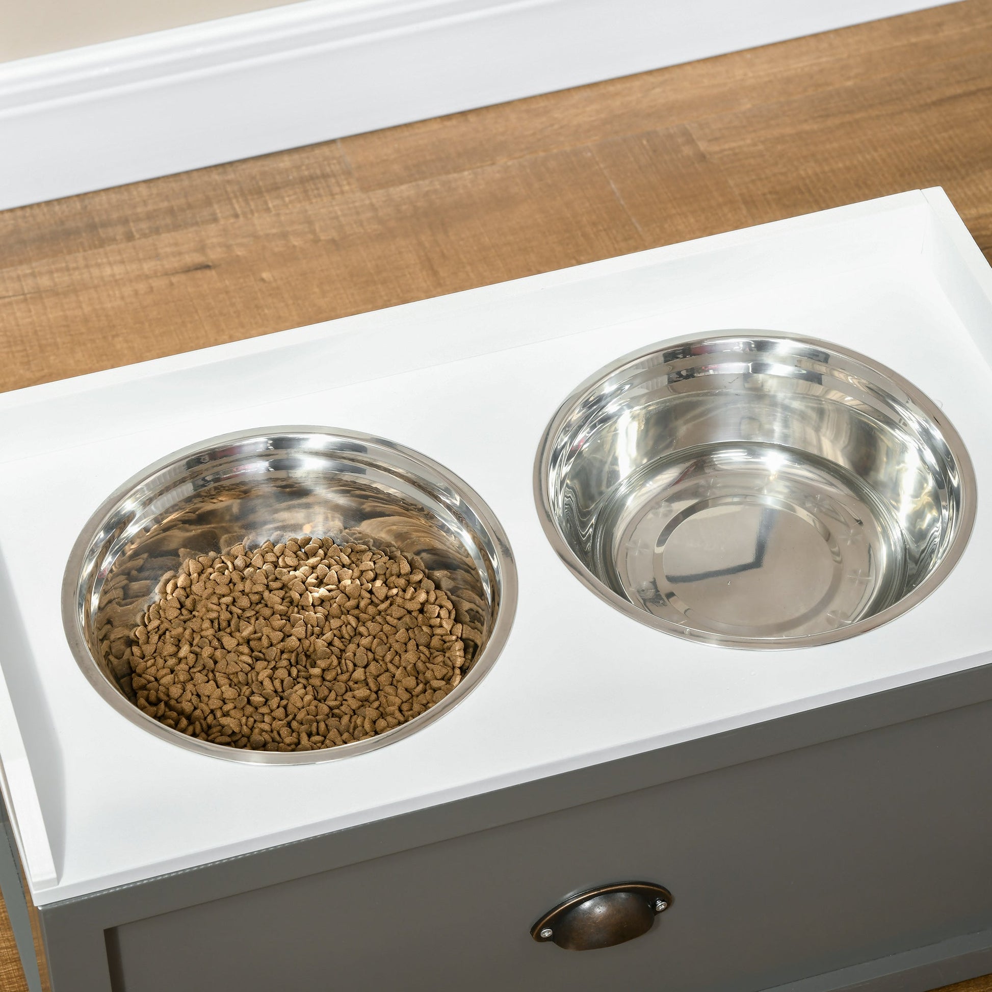 Large Elevated Dog Bowls with Storage Drawer, Raised Pet Feeding Station with 2 Stainless Steel Bowls, Grey Dog Bowls   at Gallery Canada