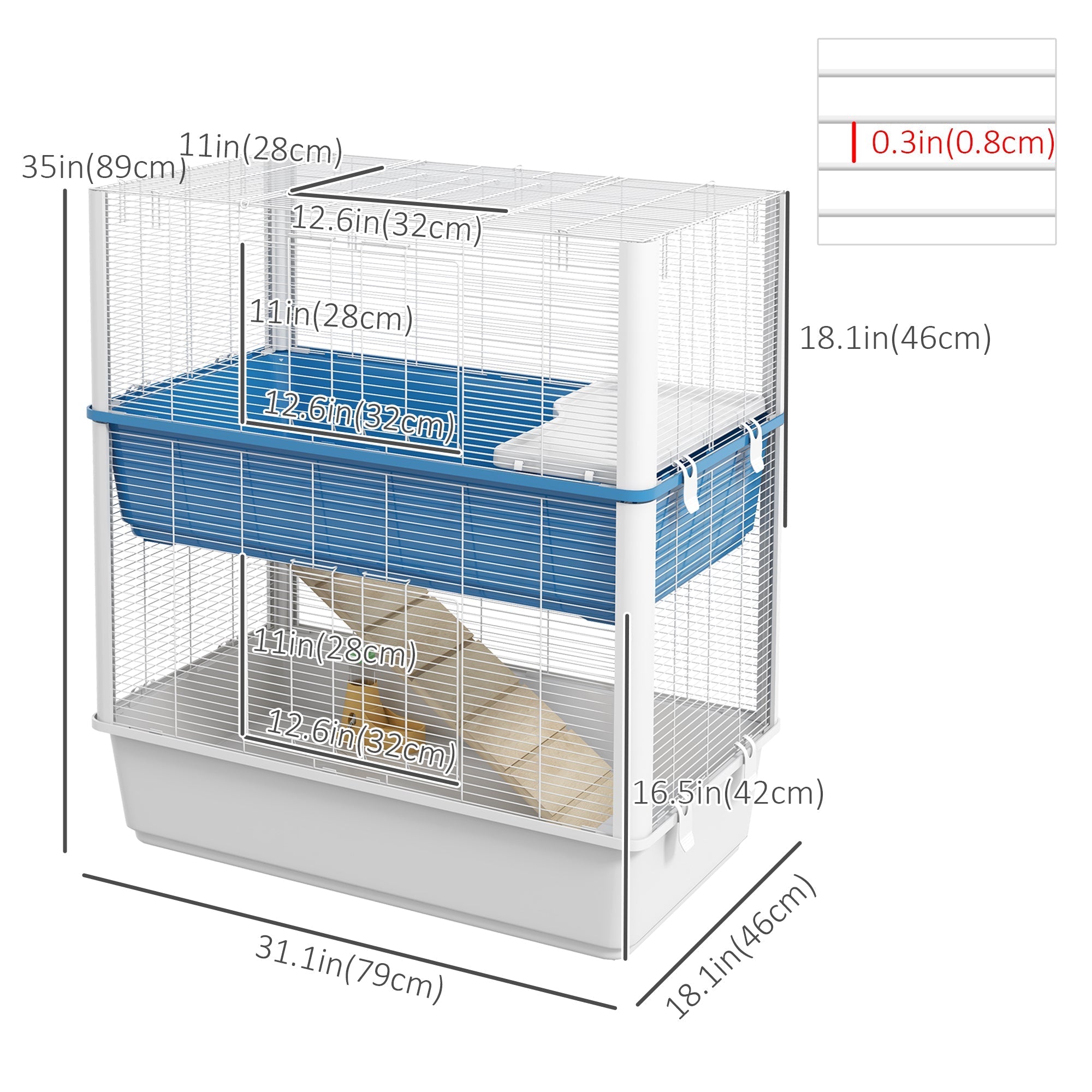 Large Hamster Cage with Accessories, Rat Cage Gerbil Habitat with Detachable Bottom, Ramps, Platform, Food Bowl, Water Bottle, 31