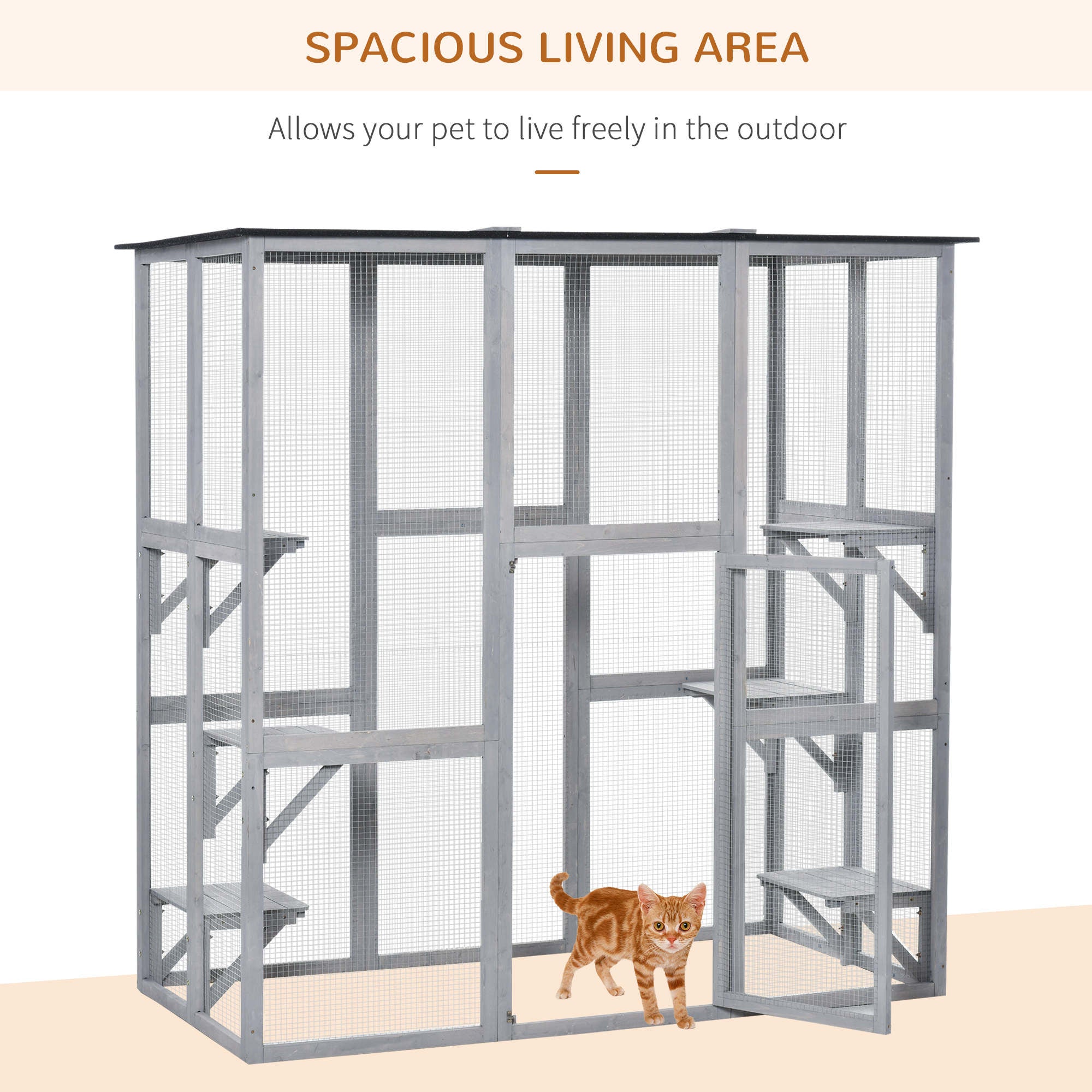 Large Outdoor Catio Enclosure, Weatherproof Cat House with Asphalt Roof, Wooden Cat Patio Cage with 6 Balanced Platforms, 71