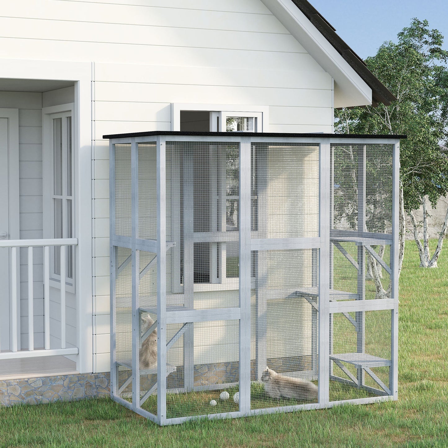 Large Outdoor Catio Enclosure, Weatherproof Cat House with Asphalt Roof, Wooden Cat Patio Cage with 6 Balanced Platforms, 71" x 39" x 71", Grey Outdoor Cat Enclosures   at Gallery Canada