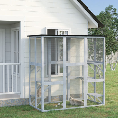 Large Outdoor Catio Enclosure, Weatherproof Cat House with Asphalt Roof, Wooden Cat Patio Cage with 6 Balanced Platforms, 71" x 39" x 71", Grey Outdoor Cat Enclosures   at Gallery Canada