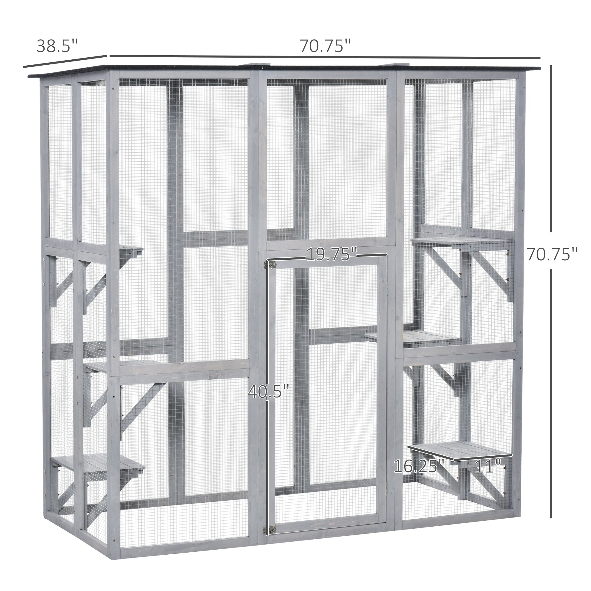 Large Outdoor Catio Enclosure, Weatherproof Cat House with Asphalt Roof, Wooden Cat Patio Cage with 6 Balanced Platforms, 71