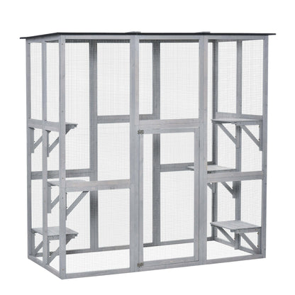 Large Outdoor Catio Enclosure, Weatherproof Cat House with Asphalt Roof, Wooden Cat Patio Cage with 6 Balanced Platforms, 71" x 39" x 71", Grey Outdoor Cat Enclosures Grey  at Gallery Canada