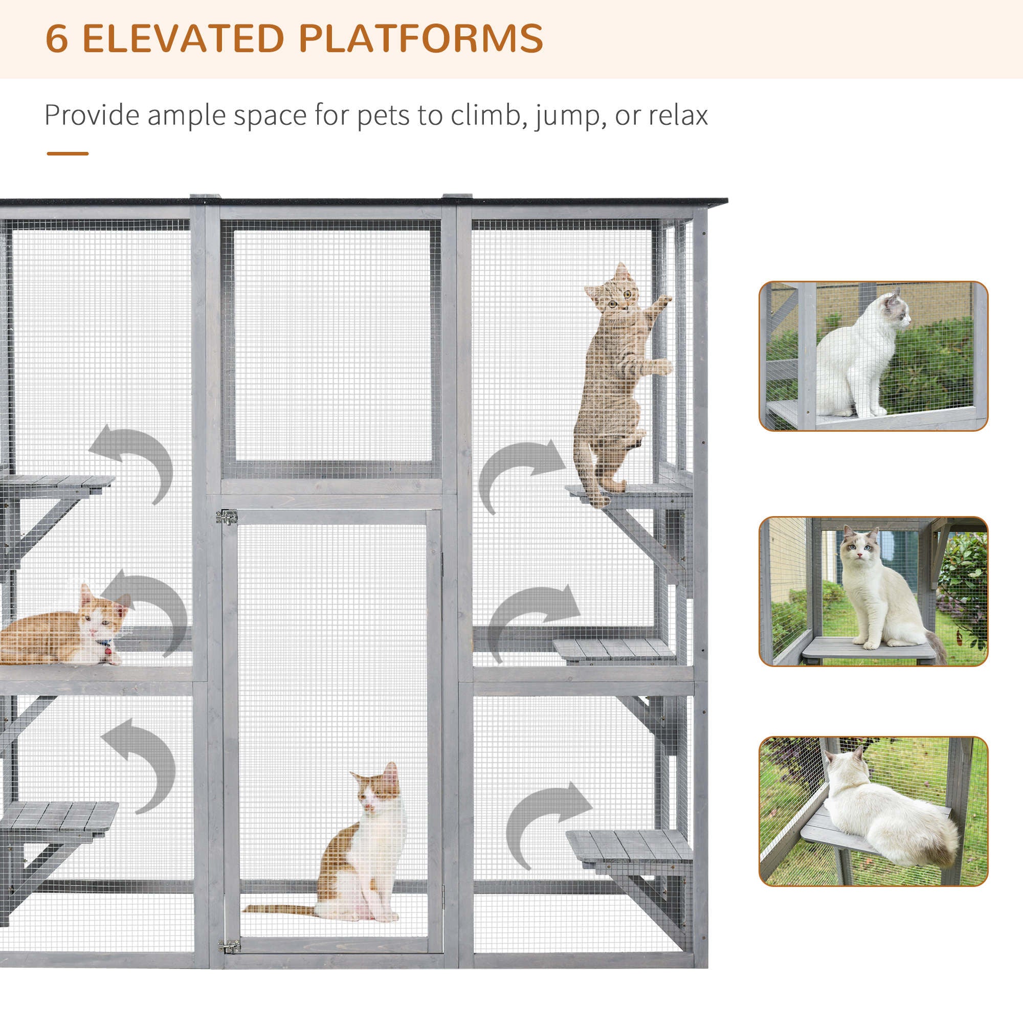 Large Outdoor Catio Enclosure, Weatherproof Cat House with Asphalt Roof, Wooden Cat Patio Cage with 6 Balanced Platforms, 71