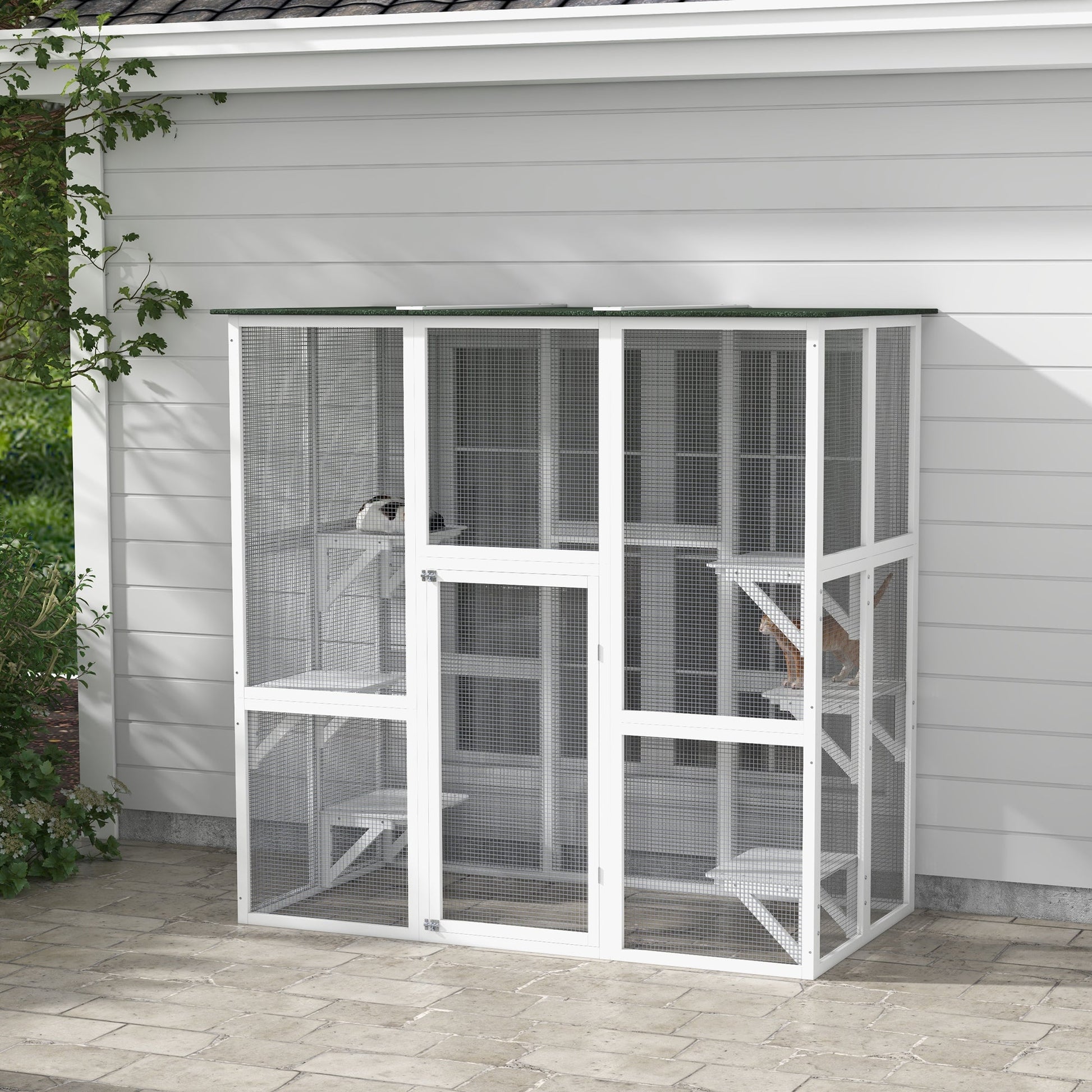 Large Outdoor Catio Enclosure, Wooden Cat Patio with 6 Balanced Platforms and Asphalt Roof, 70.9" x 38.6" x 70.9", White Outdoor Cat Enclosures   at Gallery Canada