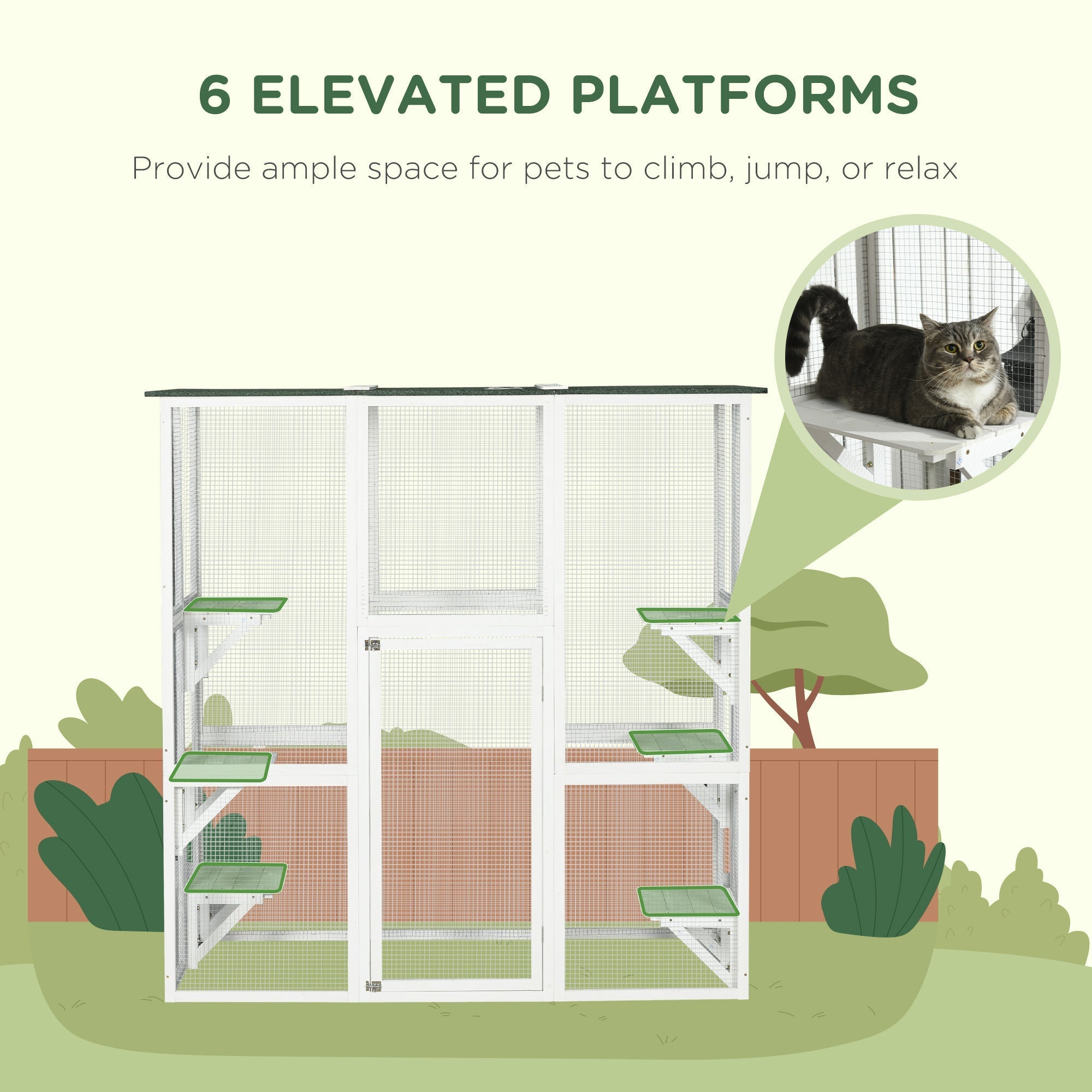 Large Outdoor Catio Enclosure, Wooden Cat Patio with 6 Balanced Platforms and Asphalt Roof, 70.9