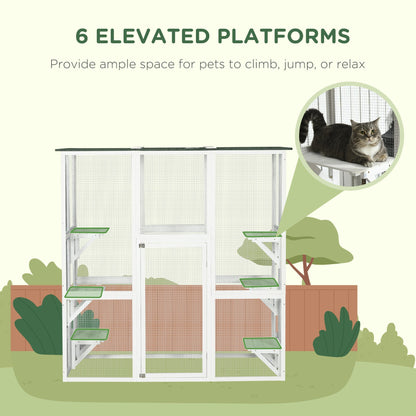 Large Outdoor Catio Enclosure, Wooden Cat Patio with 6 Balanced Platforms and Asphalt Roof, 70.9" x 38.6" x 70.9", White Outdoor Cat Enclosures   at Gallery Canada