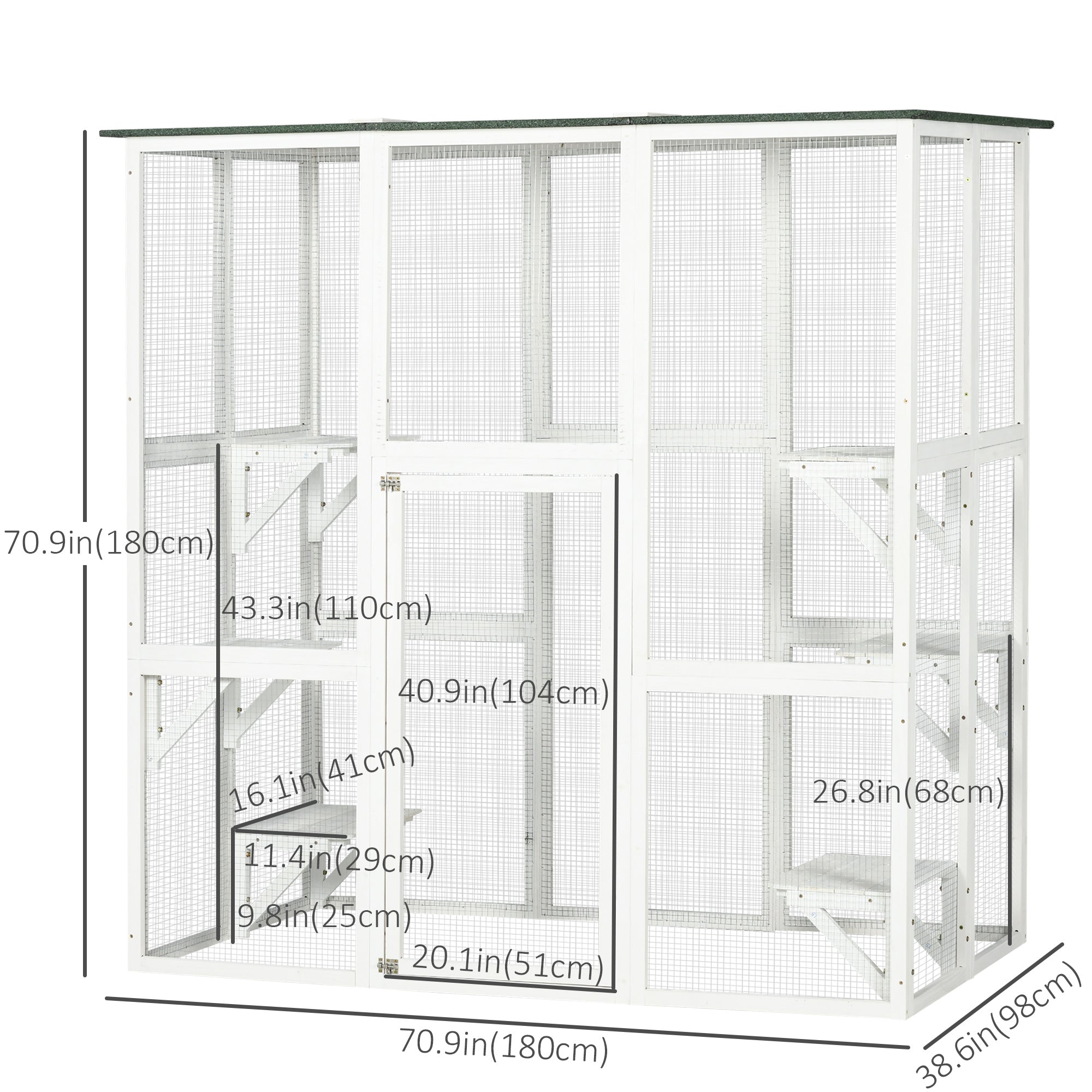 Large Outdoor Catio Enclosure, Wooden Cat Patio with 6 Balanced Platforms and Asphalt Roof, 70.9