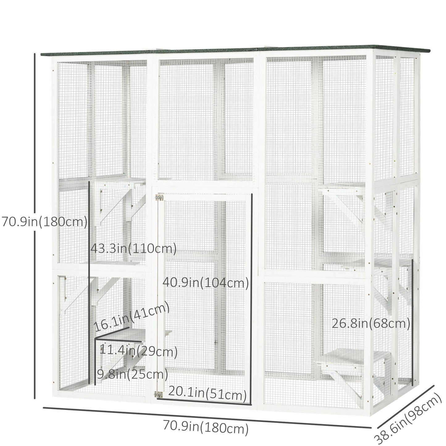 Large Outdoor Catio Enclosure, Wooden Cat Patio with 6 Balanced Platforms and Asphalt Roof, 70.9" x 38.6" x 70.9", White Outdoor Cat Enclosures   at Gallery Canada