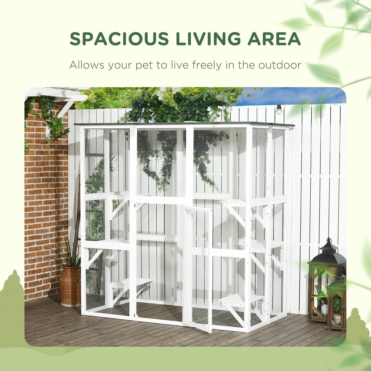 Large Outdoor Catio Enclosure, Wooden Cat Patio with 6 Balanced Platforms and Asphalt Roof, 70.9" x 38.6" x 70.9", White Outdoor Cat Enclosures   at Gallery Canada