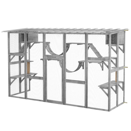 Large Outdoor Catio with Condos, Platforms, Doors, Ladders, Weather-Resistant Roof, Grey