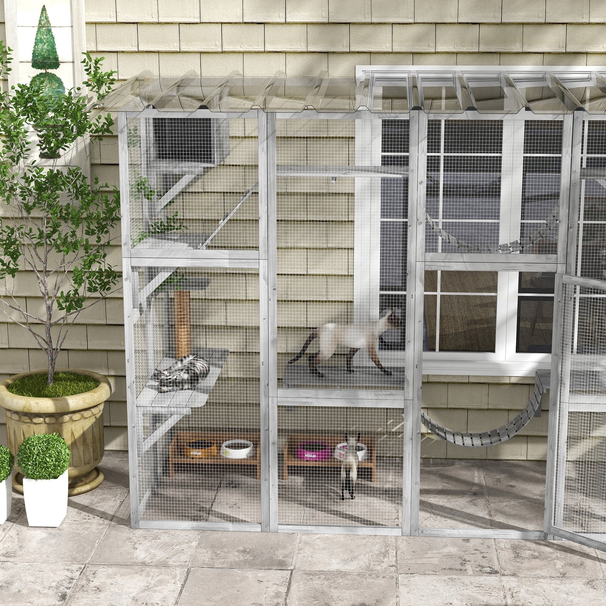 Large Outdoor Catio with Condos, Platforms, Doors, Ladders, Weather-Resistant Roof, Grey Outdoor Cat Enclosures   at Gallery Canada