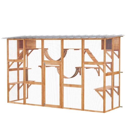 Large Outdoor Catio with Condos, Platforms, Doors, Ladders, Weather-Resistant Roof, Orange