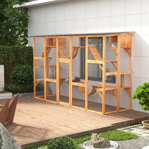 Large Outdoor Catio with Condos, Platforms, Doors, Ladders, Weather-Resistant Roof, Orange