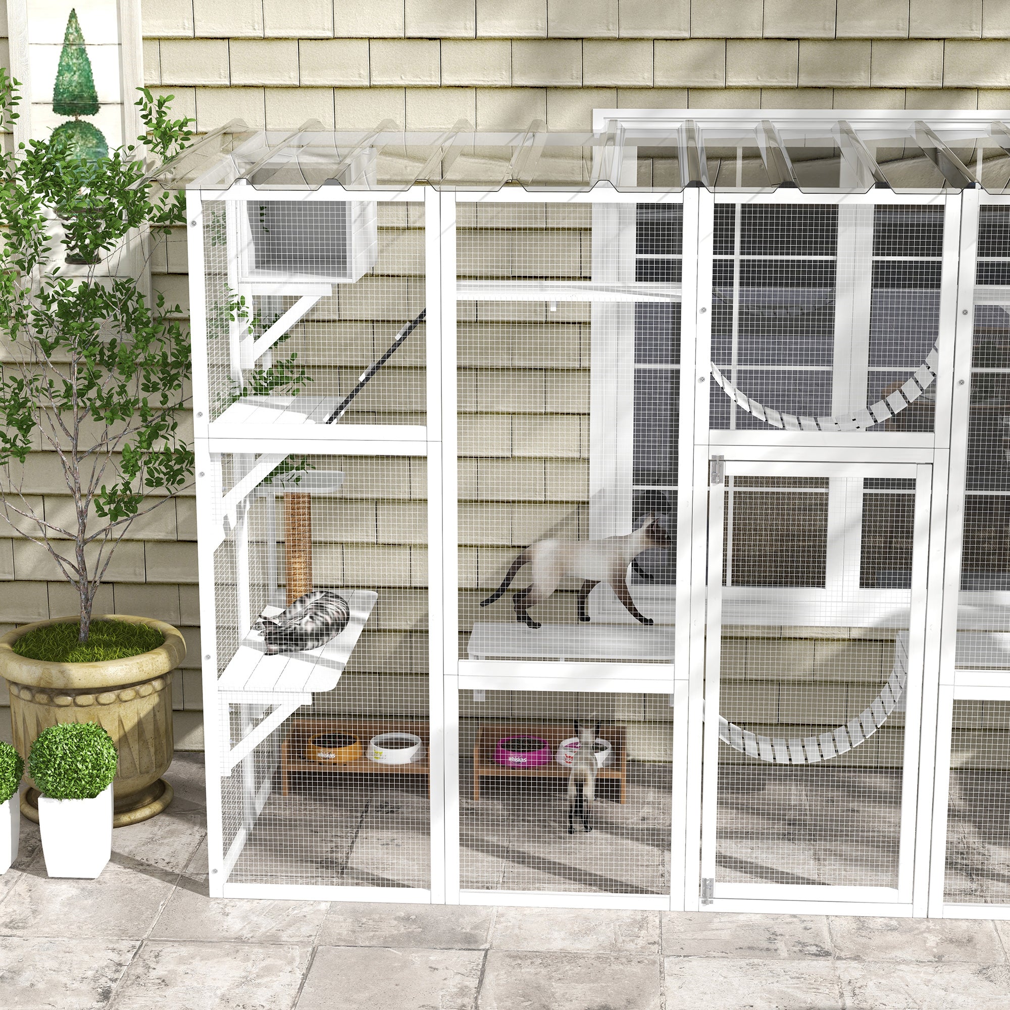 Large Outdoor Catio with Condos, Platforms, Doors, Ladders, Weather-Resistant Roof, White Outdoor Cat Enclosures   at Gallery Canada