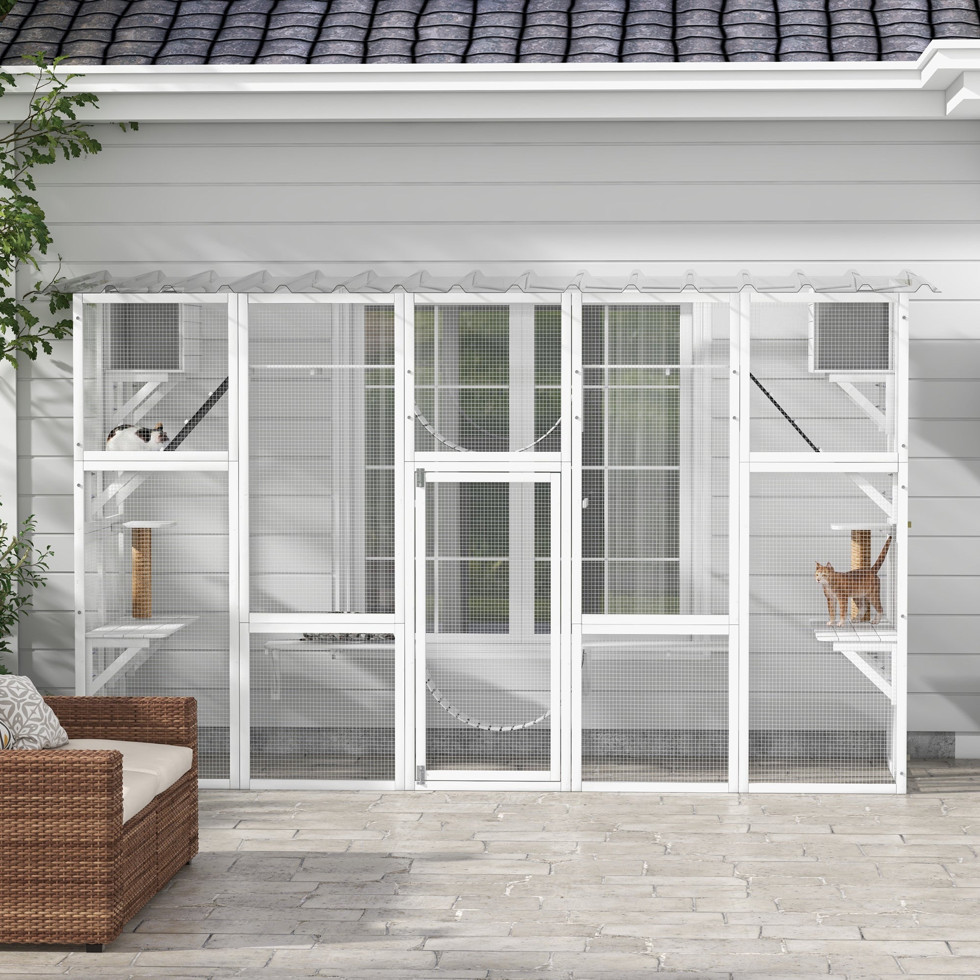 Large Outdoor Catio with Condos, Platforms, Doors, Ladders, Weather-Resistant Roof, White Outdoor Cat Enclosures   at Gallery Canada