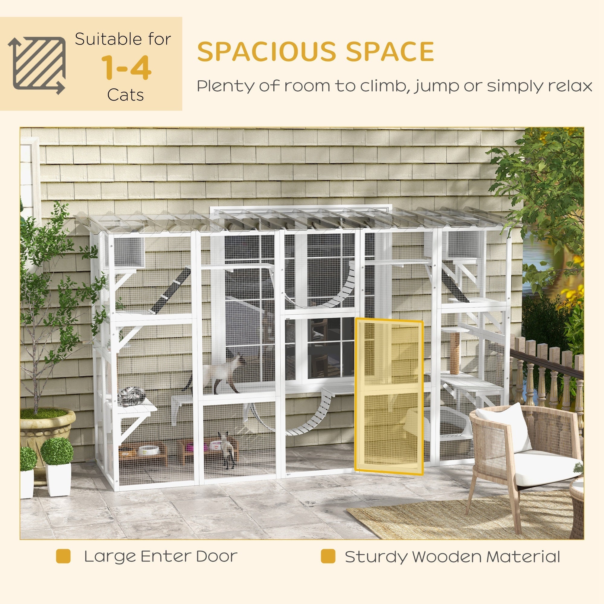 Large Outdoor Catio with Condos, Platforms, Doors, Ladders, Weather-Resistant Roof, White Outdoor Cat Enclosures   at Gallery Canada