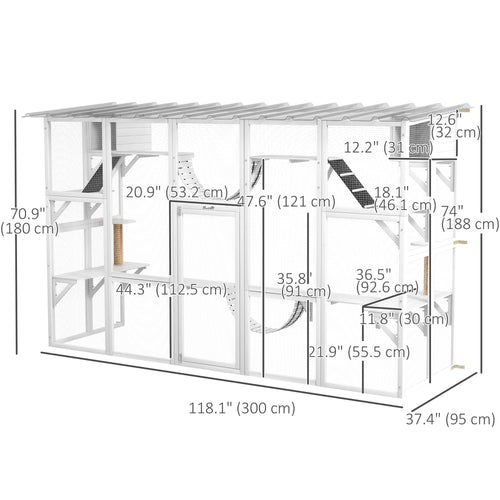 Large Outdoor Catio with Condos, Platforms, Doors, Ladders, Weather-Resistant Roof, White