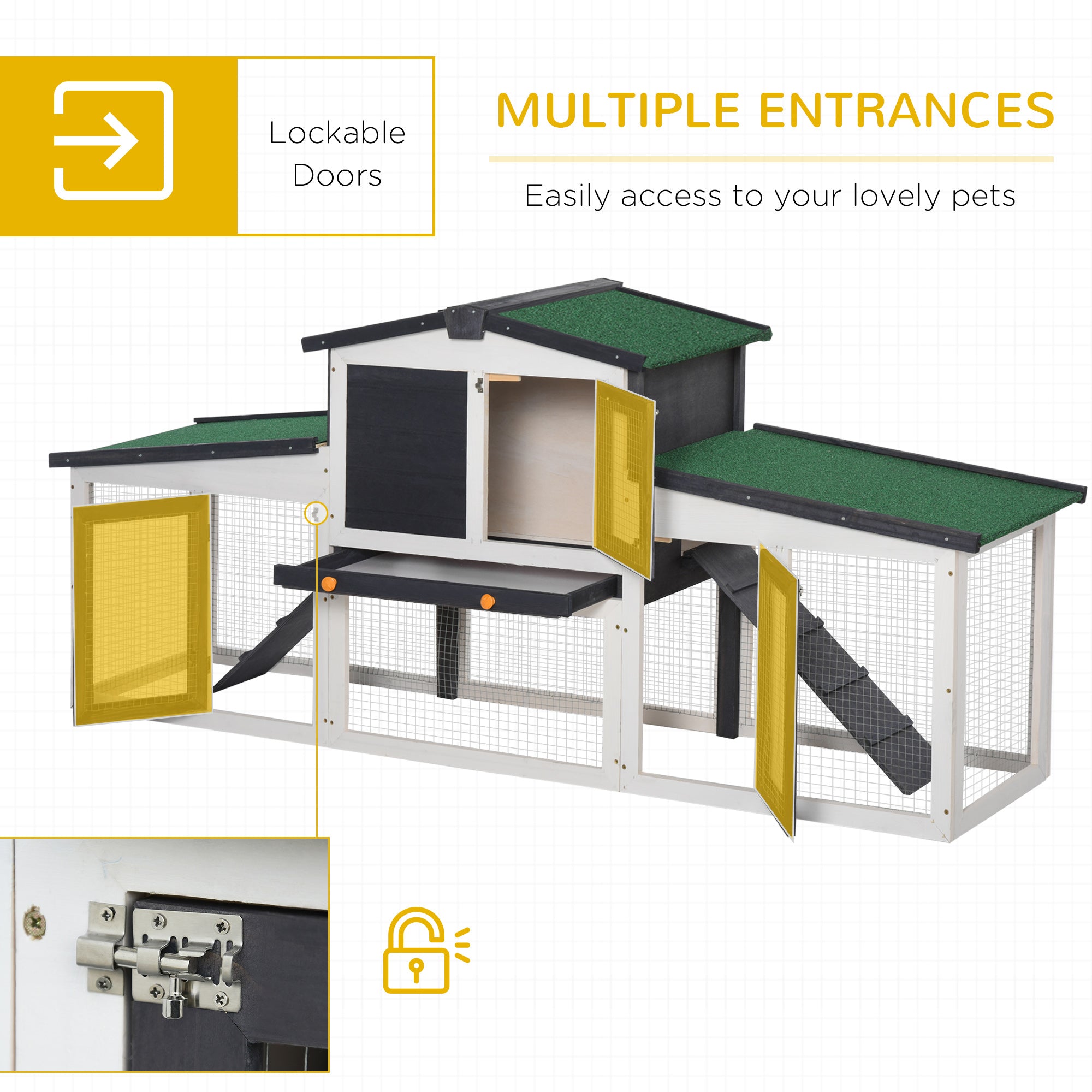 Large Rabbit Hutch with Double Runs, Wooden Bunny Cage Outdoor with Removable Tray, Ramps, Roof, 80