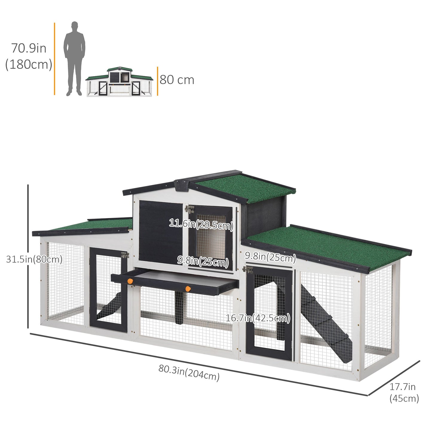 Large Rabbit Hutch with Double Runs, Wooden Bunny Cage Outdoor with Removable Tray, Ramps, Roof, 80" x 18" x 31.5", Gray Rabbit Hutch   at Gallery Canada