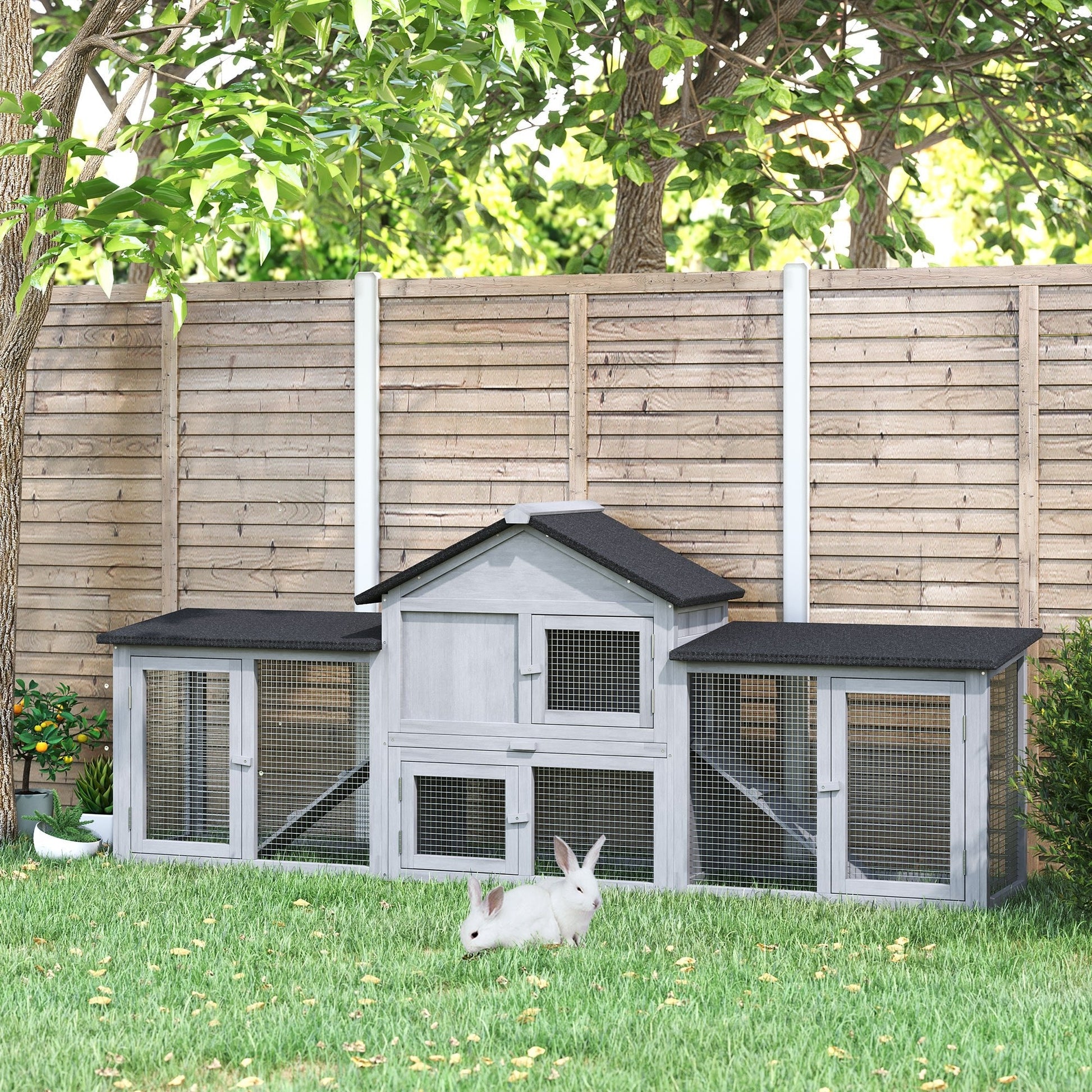 Large Rabbit Hutch Wood Bunny Cage Outdoor Guinea Pig House with Double Runs Slide Out Tray Ramps, 83"x18"x33", Grey Rabbit Hutch   at Gallery Canada