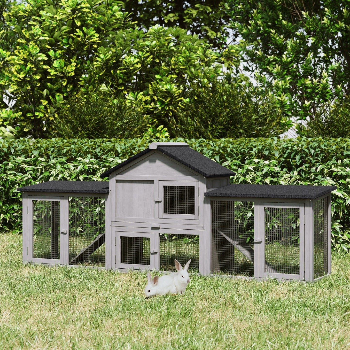 Large Rabbit Hutch Wood Bunny Cage Outdoor Guinea Pig House with Double Runs Slide Out Tray Ramps, 83"x18"x33", Grey Rabbit Hutch   at Gallery Canada