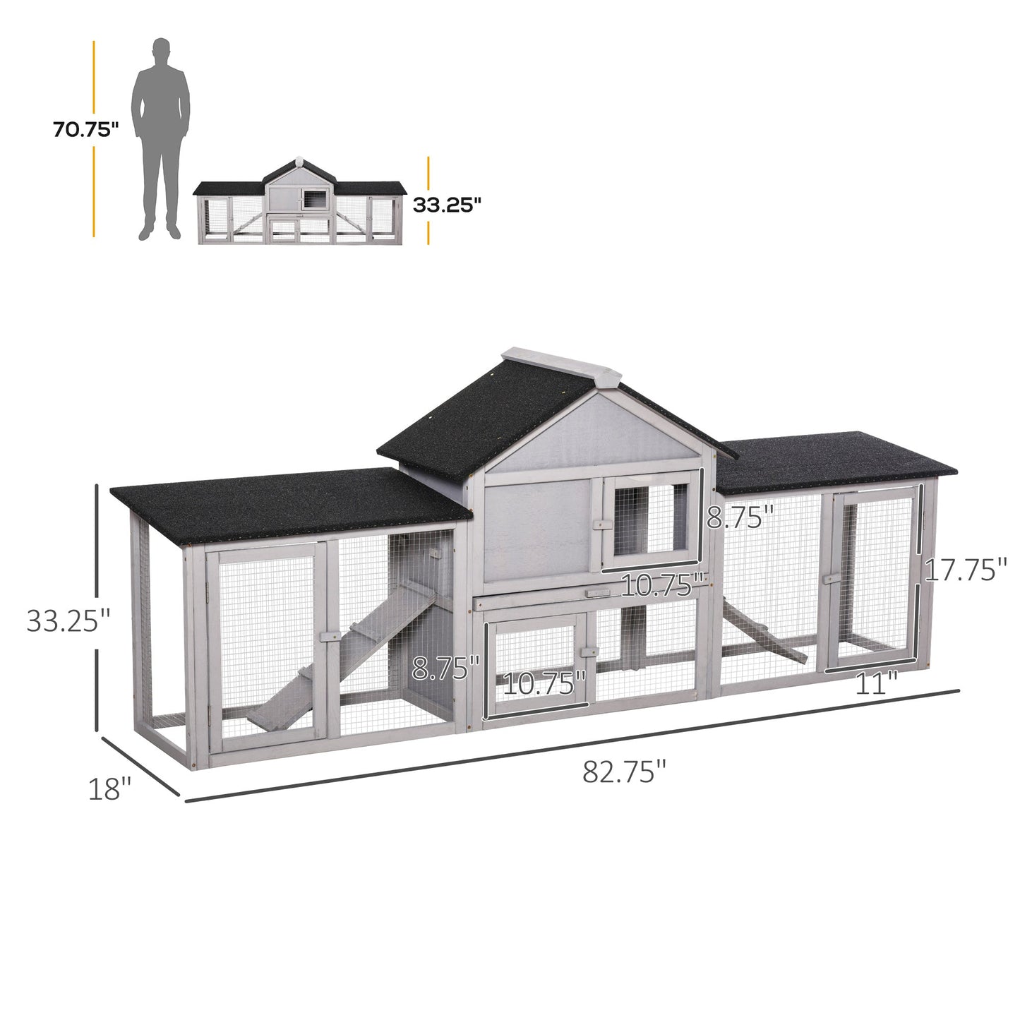 Large Rabbit Hutch Wood Bunny Cage Outdoor Guinea Pig House with Double Runs Slide Out Tray Ramps, 83"x18"x33", Grey Rabbit Hutch   at Gallery Canada