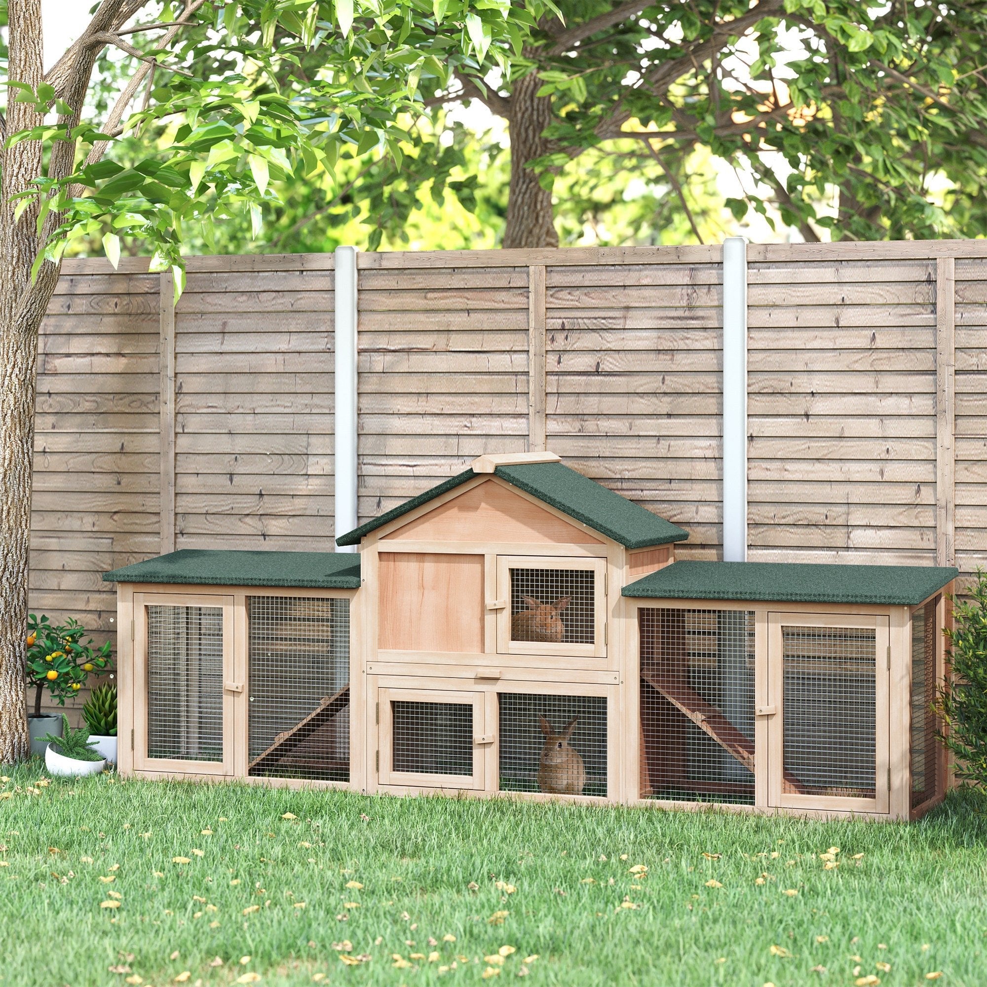 Large Rabbit Hutch Wood Bunny Cage Outdoor Guinea Pig House with Double Runs Slide Out Tray Ramps, 83