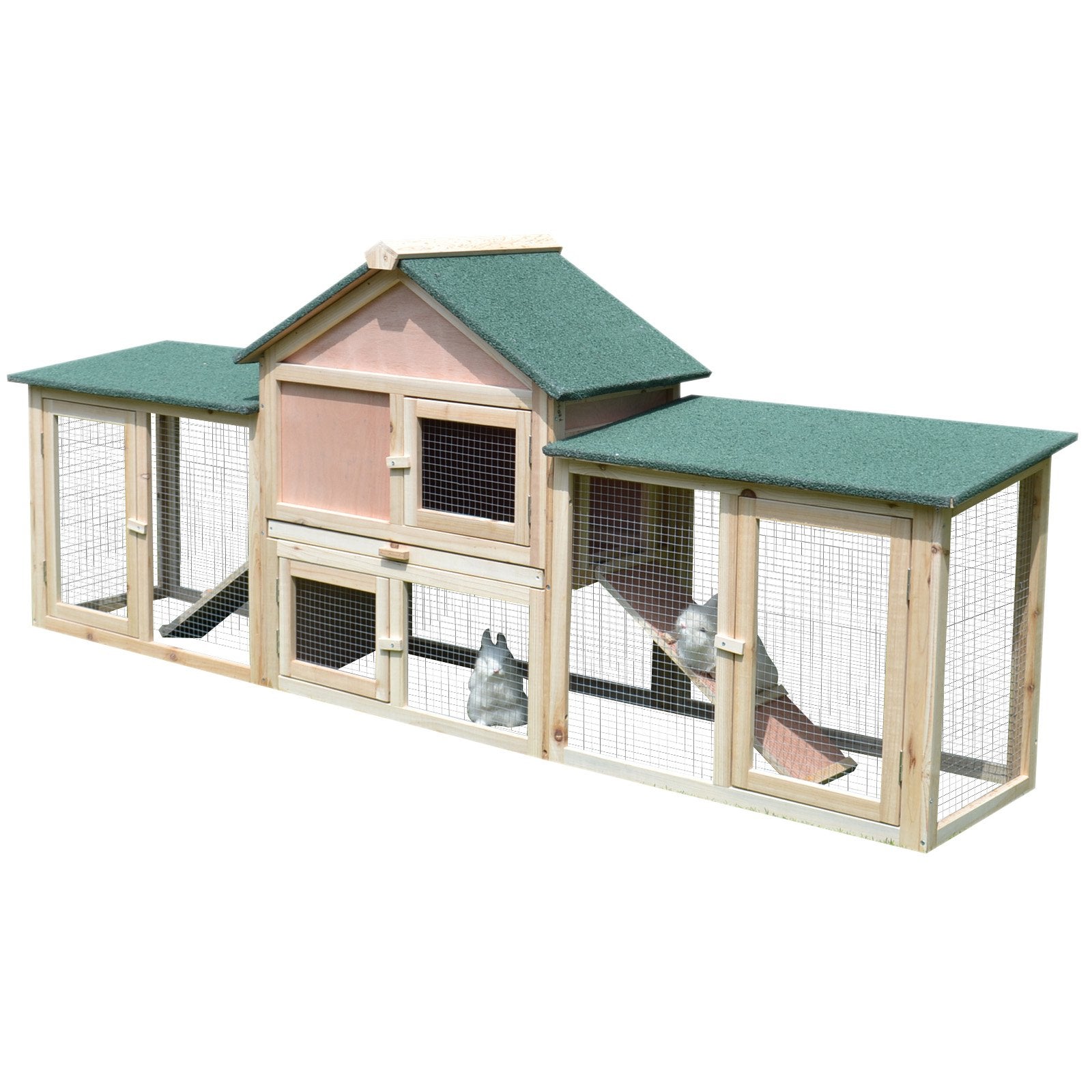 Large Rabbit Hutch Wood Bunny Cage Outdoor Guinea Pig House with Double Runs Slide Out Tray Ramps, 83