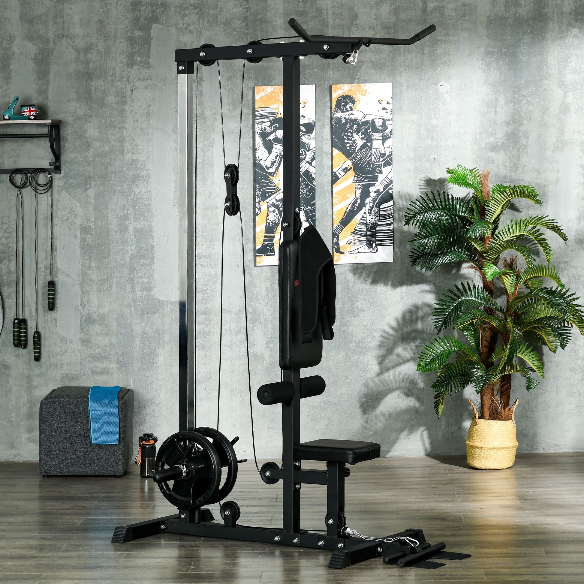 Lat Pull Down Machine, High / Low Pulley Machine with Adjustable Seat and Flip-Up Footplate, Black Power Towers   at Gallery Canada