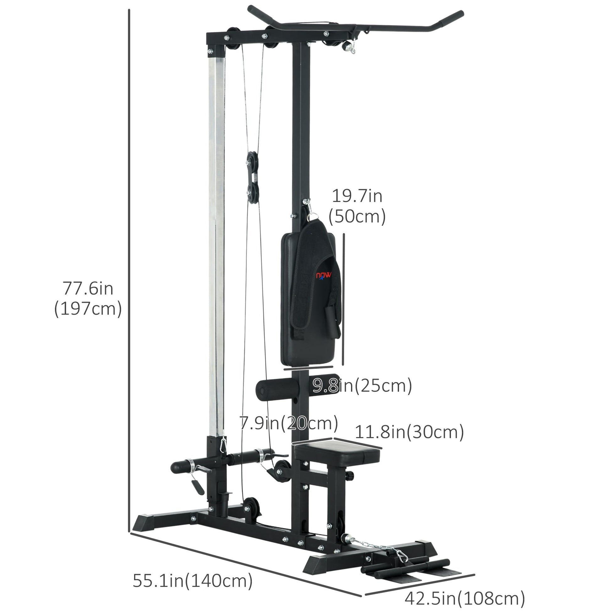 Lat Pull Down Machine, High / Low Pulley Machine with Adjustable Seat and Flip-Up Footplate, Black Power Towers   at Gallery Canada