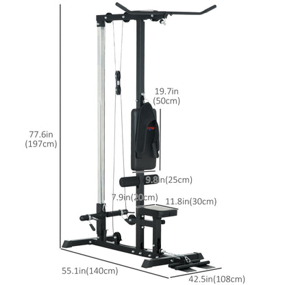 Lat Pull Down Machine, High / Low Pulley Machine with Adjustable Seat and Flip-Up Footplate, Black Power Towers   at Gallery Canada