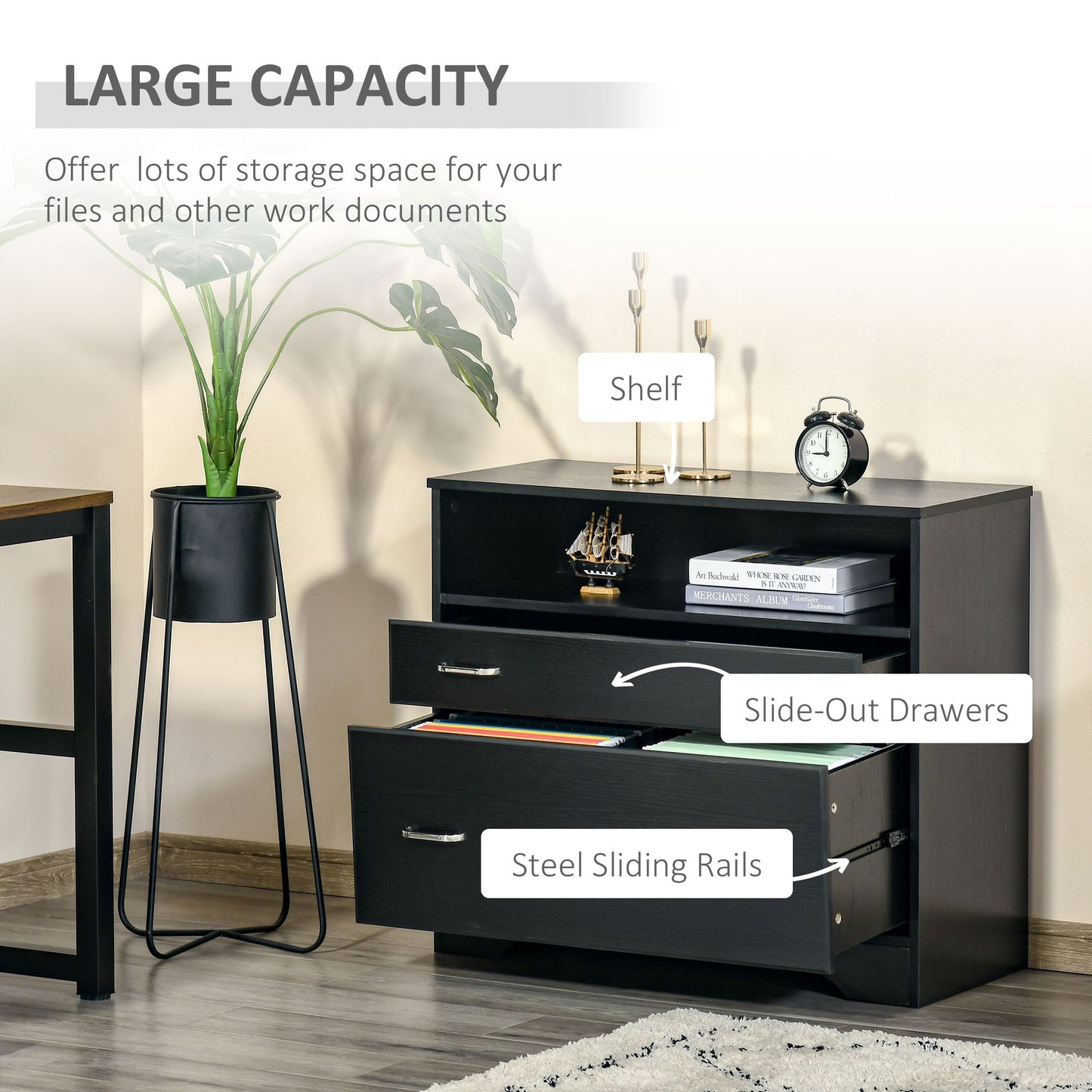 Lateral File Cabinet with 2 Drawers, Filing Cabinet for Hanging Letter Sized Files, Office Printer Stand, Black Office Cabinets & Cupboards   at Gallery Canada