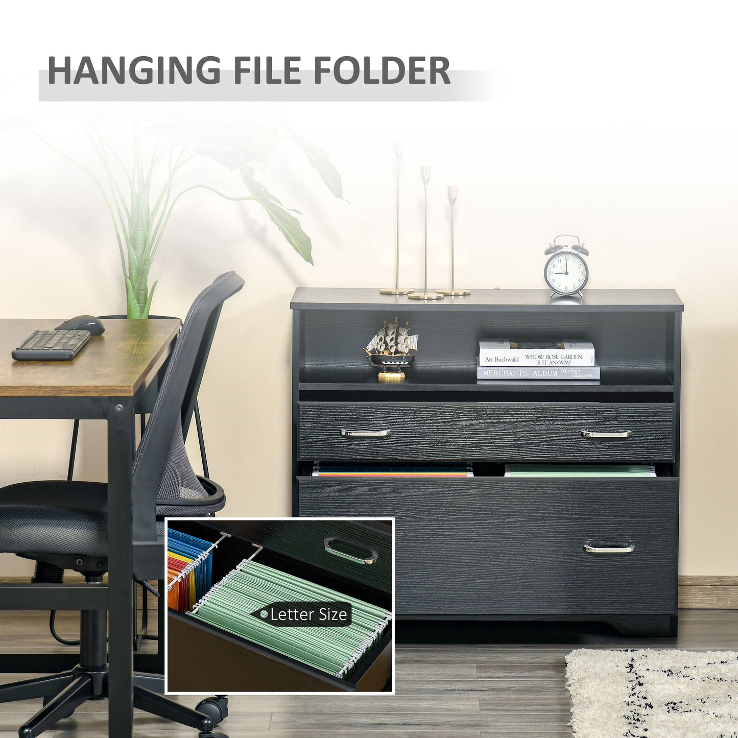 Lateral File Cabinet with 2 Drawers, Filing Cabinet for Hanging Letter Sized Files, Office Printer Stand, Black Office Cabinets & Cupboards   at Gallery Canada