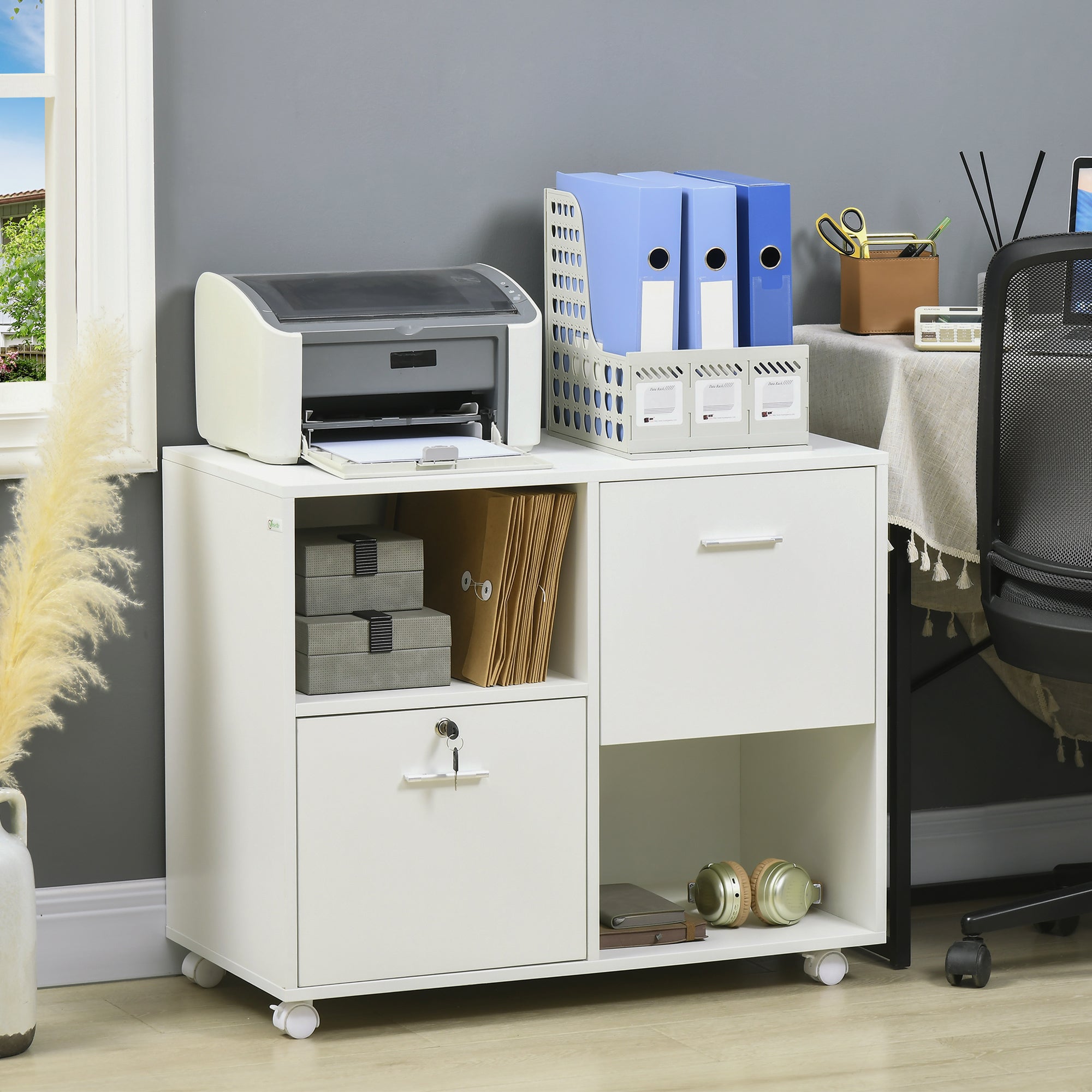 Lateral File Cabinet with Drawers and Lock, Mobile Printer Stand, Filing Cabinet with Open Shelves and Wheels for Letter and A4 Size Documents, White Office Cabinets & Cupboards   at Gallery Canada