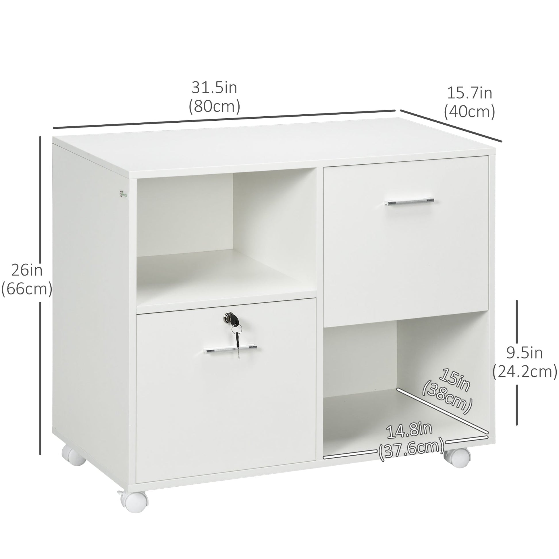 Lateral File Cabinet with Drawers and Lock, Mobile Printer Stand, Filing Cabinet with Open Shelves and Wheels for Letter and A4 Size Documents, White Office Cabinets & Cupboards   at Gallery Canada