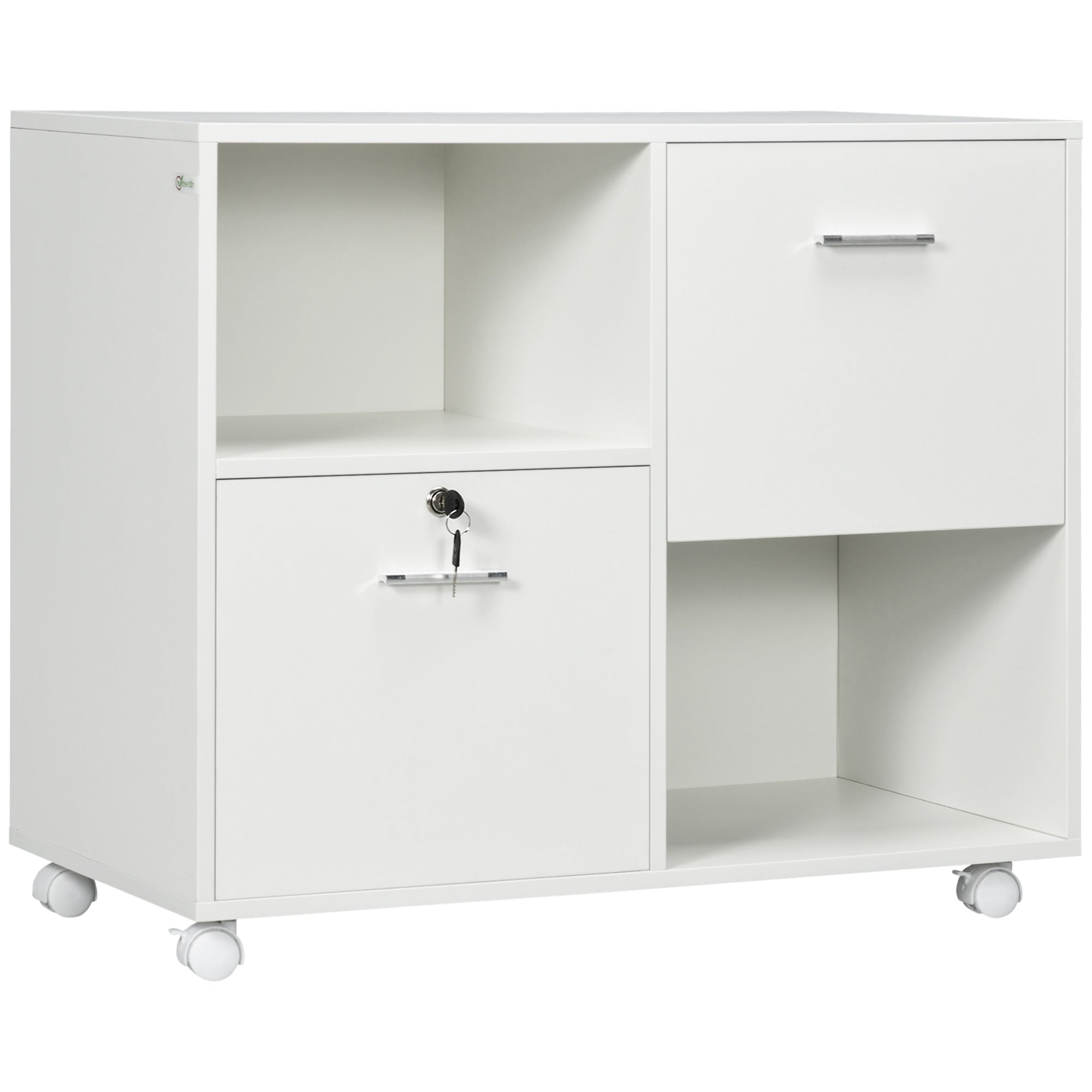 Lateral File Cabinet with Drawers and Lock, Mobile Printer Stand, Filing Cabinet with Open Shelves and Wheels for Letter and A4 Size Documents, White Office Cabinets & Cupboards White  at Gallery Canada