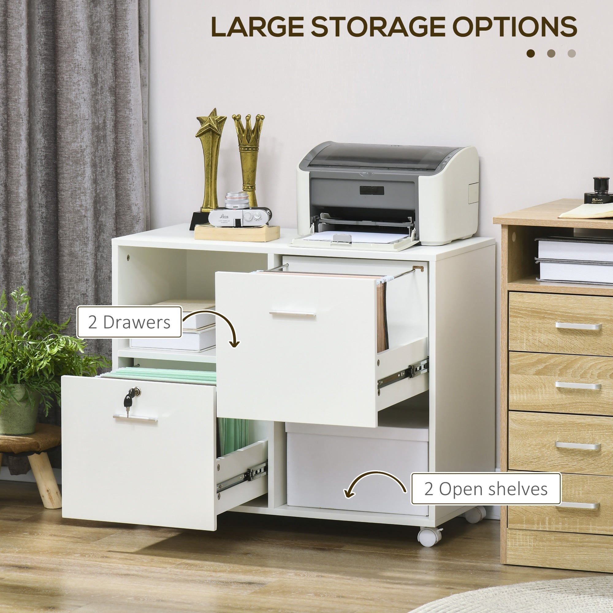 Lateral File Cabinet with Drawers and Lock, Mobile Printer Stand, Filing Cabinet with Open Shelves and Wheels for Letter and A4 Size Documents, White Office Cabinets & Cupboards   at Gallery Canada