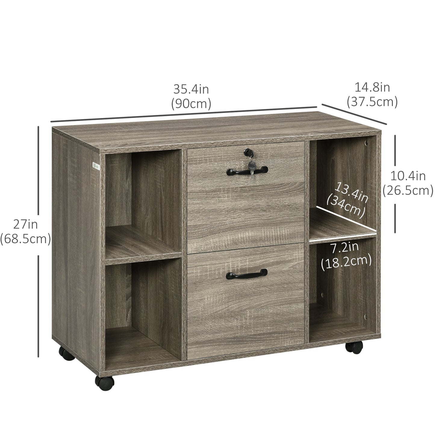 Lateral File Cabinet with Wheels and Lockable Drawer, Mobile Printer Stand, Filing Cabinet with Open Shelves for Letter and A4 Size Documents, Grey Office Cabinets & Cupboards   at Gallery Canada