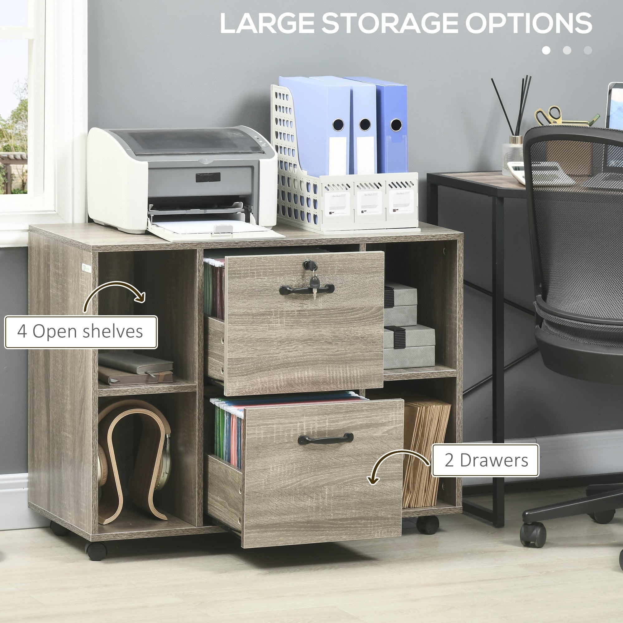 Lateral File Cabinet with Wheels and Lockable Drawer, Mobile Printer Stand, Filing Cabinet with Open Shelves for Letter and A4 Size Documents, Grey Office Cabinets & Cupboards   at Gallery Canada