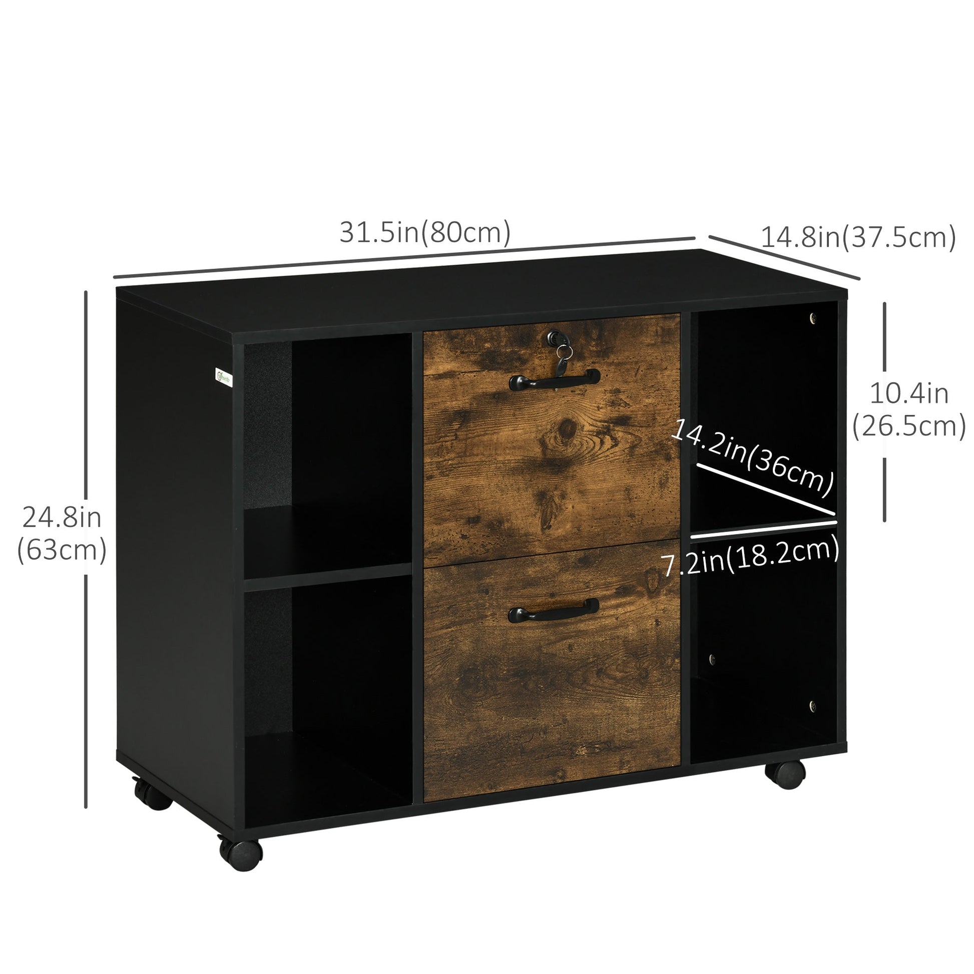 Rustic Brown Lateral File Cabinet with Wheels, Lockable Drawer, Open Shelves Office Cabinets & Cupboards   at Gallery Canada