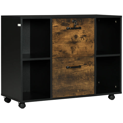 Rustic Brown Lateral File Cabinet with Wheels, Lockable Drawer, Open Shelves