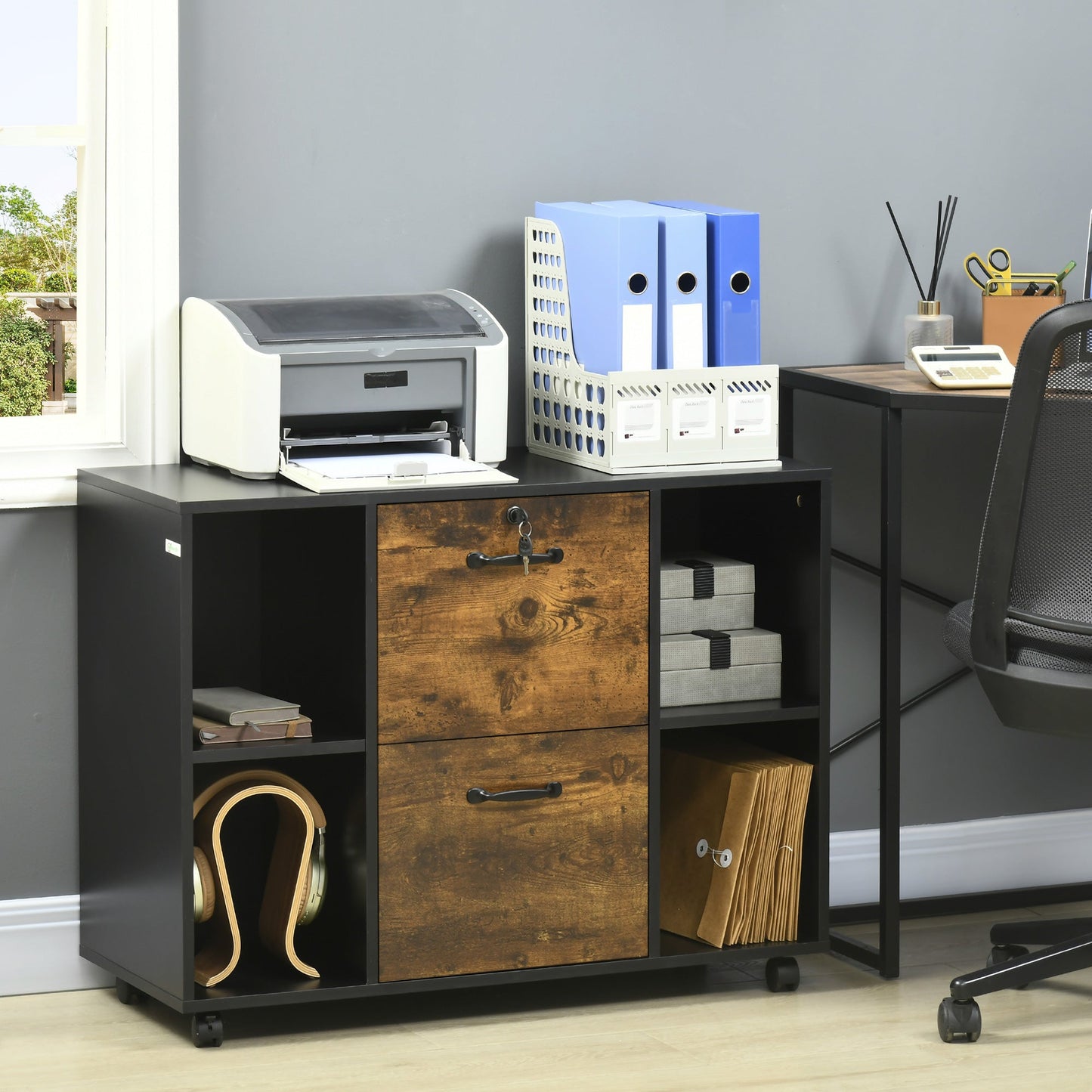 Rustic Brown Lateral File Cabinet with Wheels, Lockable Drawer, Open Shelves Office Cabinets & Cupboards   at Gallery Canada