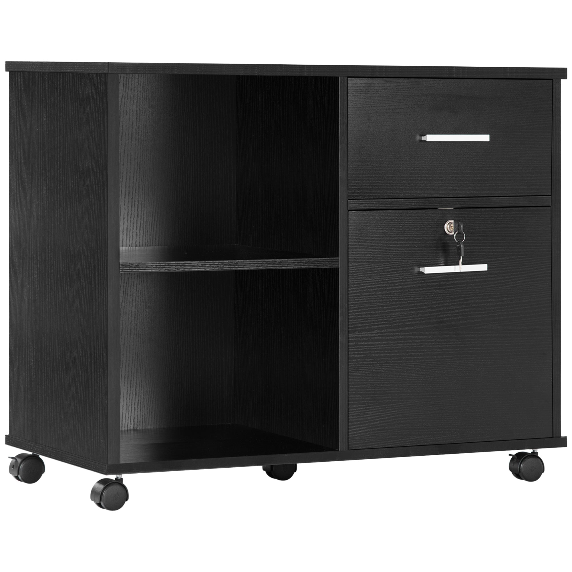 Lateral File Cabinet with Wheels, Mobile Printer Stand, Filing Cabinet with Open Shelves and Drawers for A4 Size Documents, Black Office Cabinets & Cupboards   at Gallery Canada